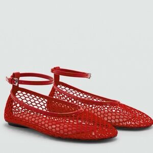 Red Mesh Ankle Strap Flats US Women Size 9.5